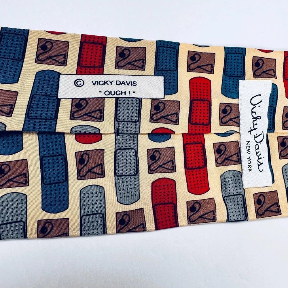 Vicky Davis Tie Silk Necktie Medical Bandage Print Novelty Cream Red Blue Doctor